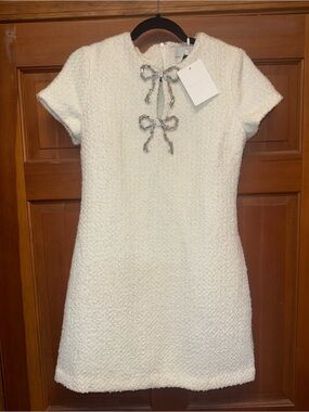 NWT Cream Bouclé Short-Sleeve Dress with Decorative Bows